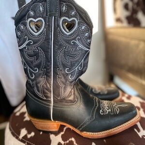 Innovation Cowboy Boots, Embroidered Heart Cutout, mid-calf, pull on, square toe